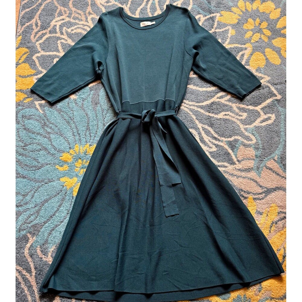 Eliza J Teal Knit Sweater Dress Belted Round Neck 3/4 Sleeve Midi 3X